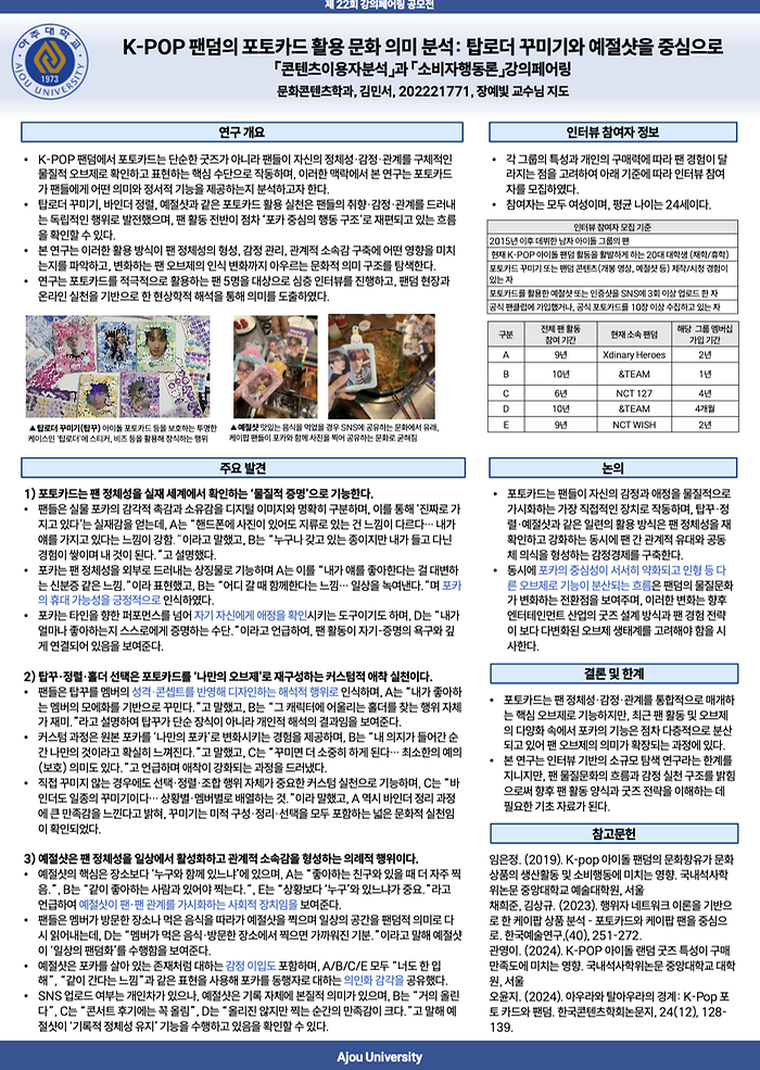 'K-POP 팬덤의 포토카드 활용 문화 의미 분석: 탑로더 꾸미기와 예절샷을 중심으로' 연구 포스터